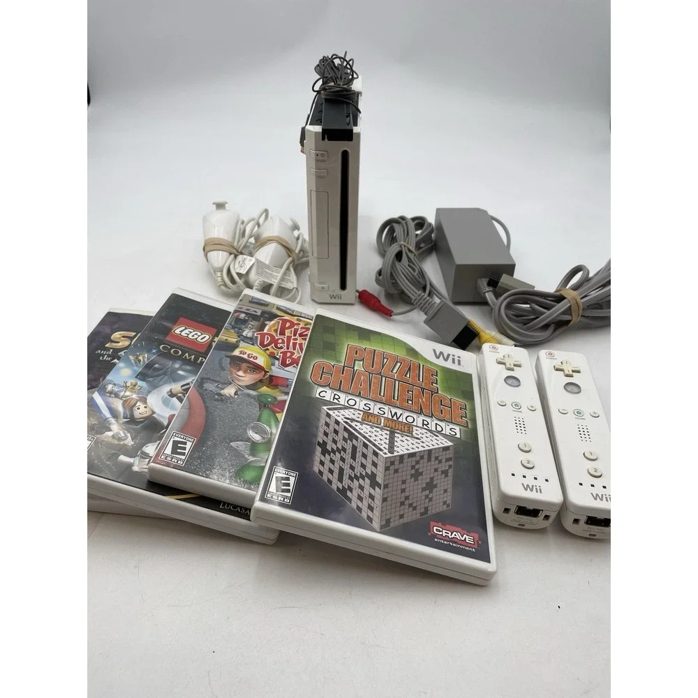 Nintendo Wii Bundle RVL001 Cube -Power Supply- Sensor- Nunchucks+4 Games TESTED